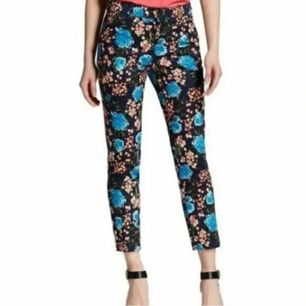 Merona Women's Ankle Crop Pants 4 Stretch Navy Blue Floral Classic Fit Mid-Rise